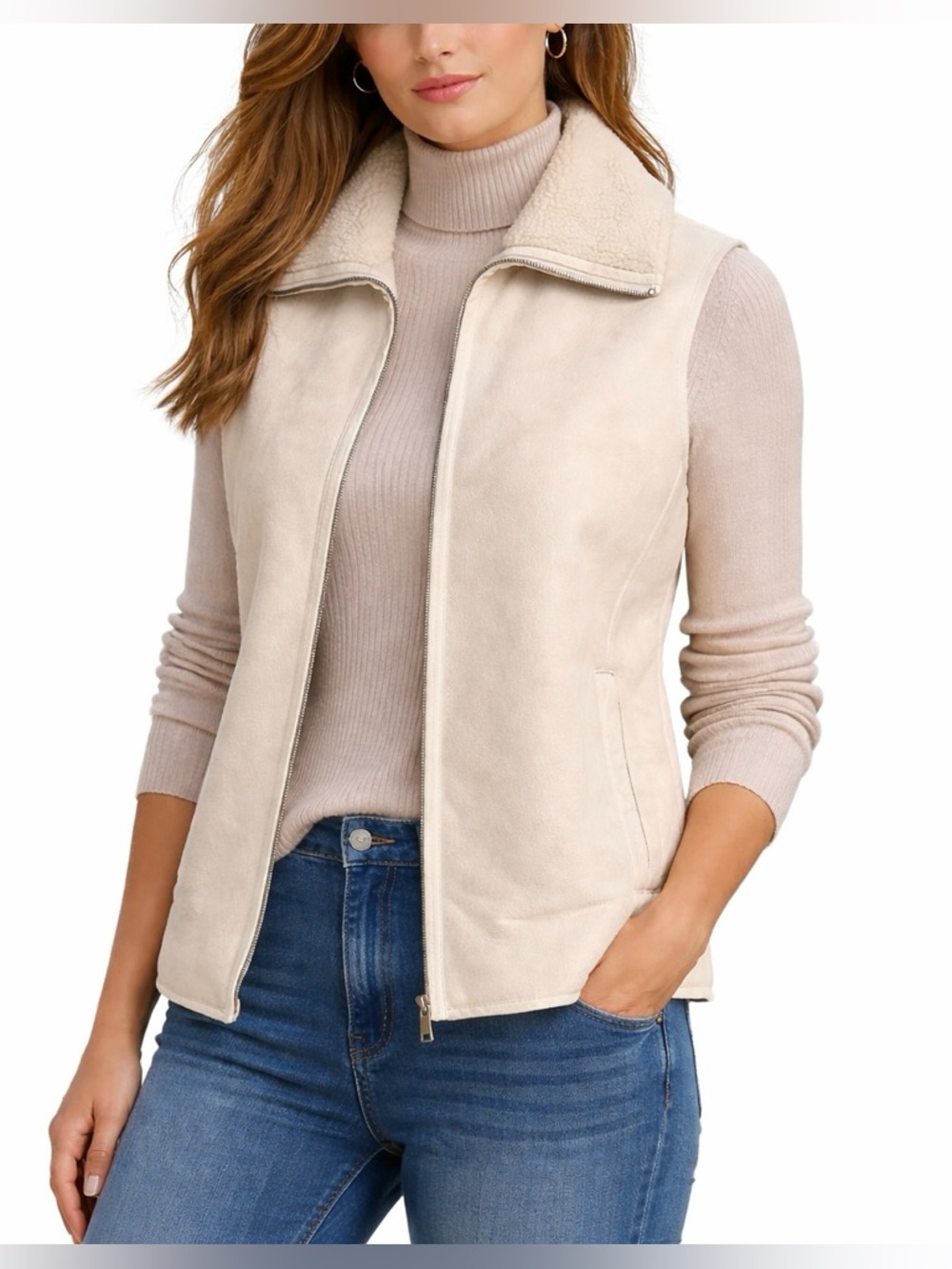 Lauren Ralph Lauren Suede Sherpa Lined Zip Up Vest Cream L Quiet Luxury Western